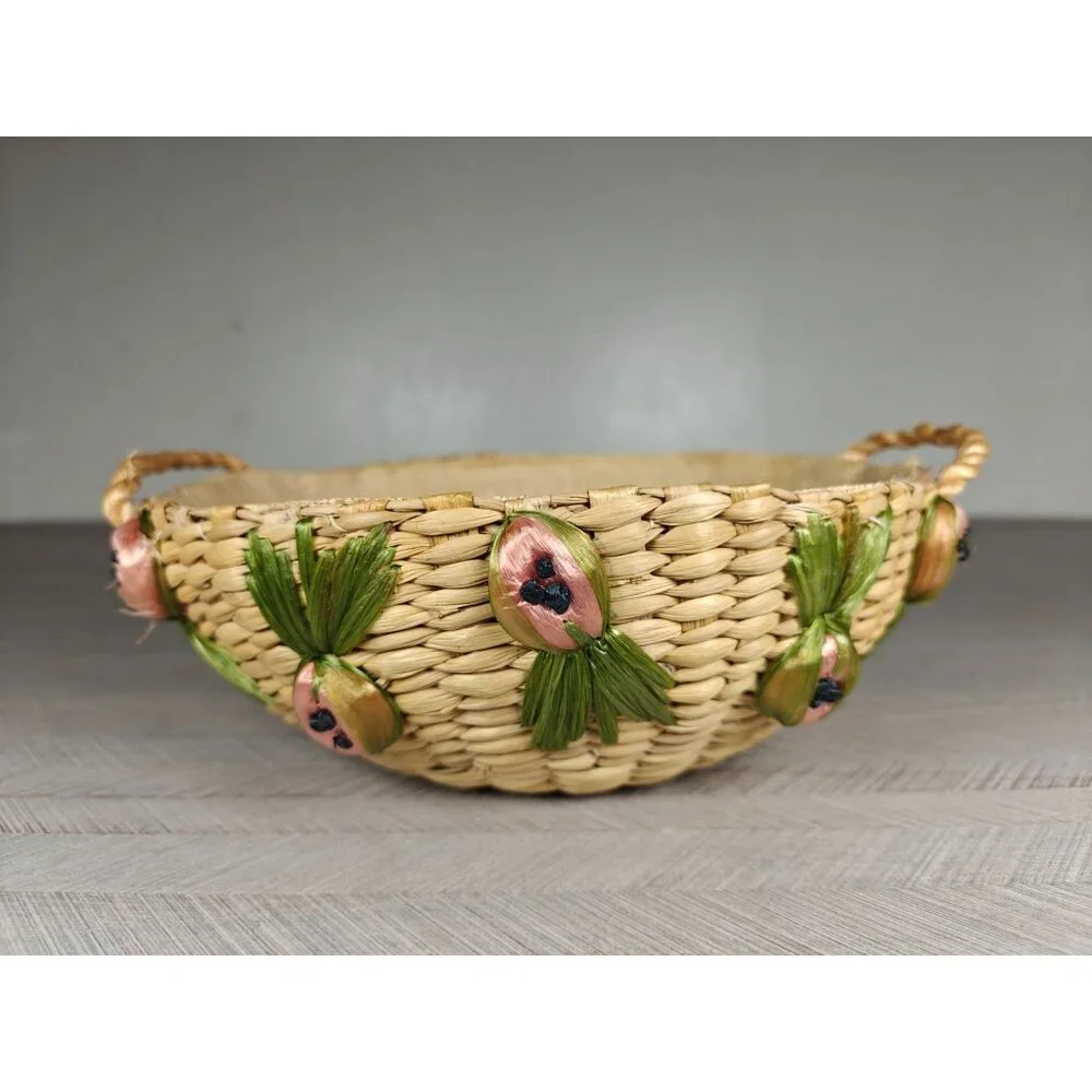 Vintage Woven Raffia Straw Round Casserole Basket With Fruit Accents Handles